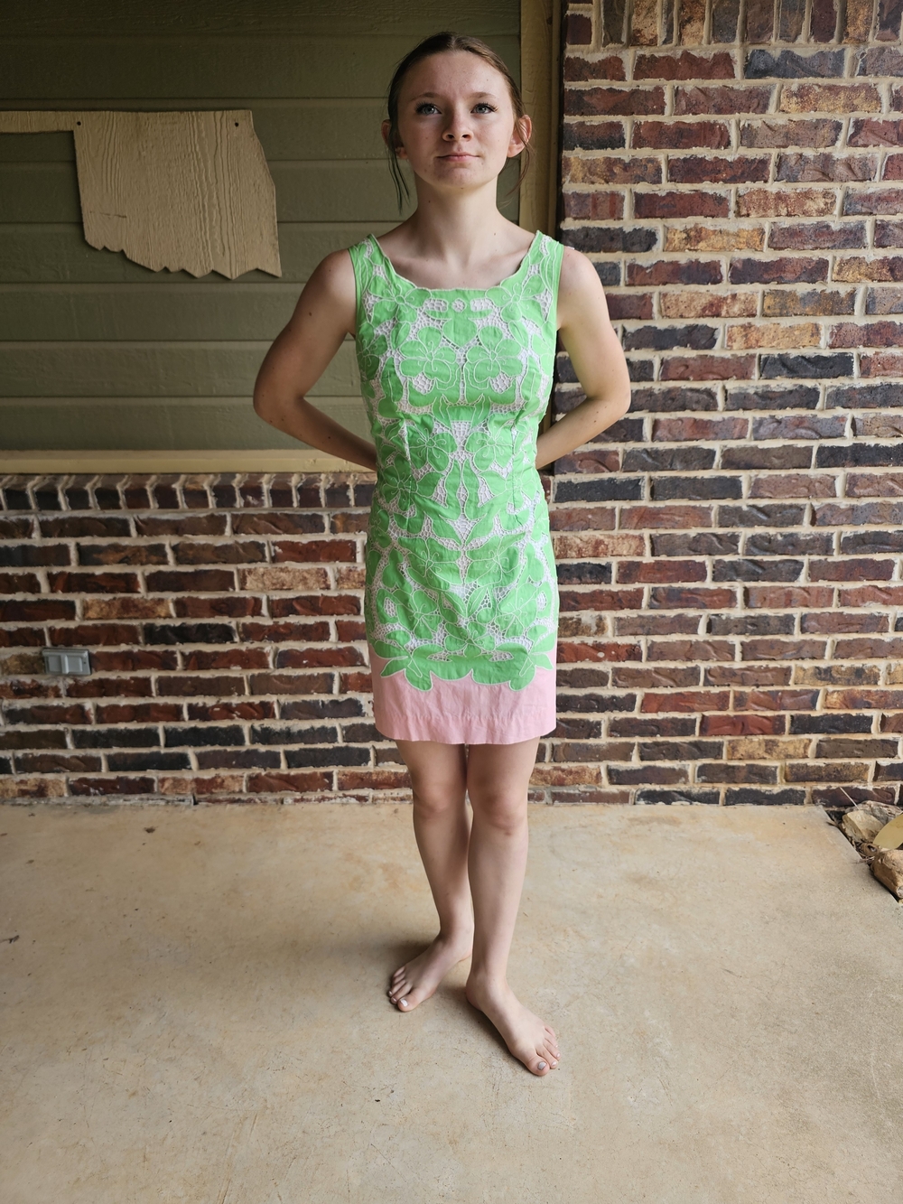 Lilly Pulitzer Green Floral Lace Shift Dress with Pink Hem